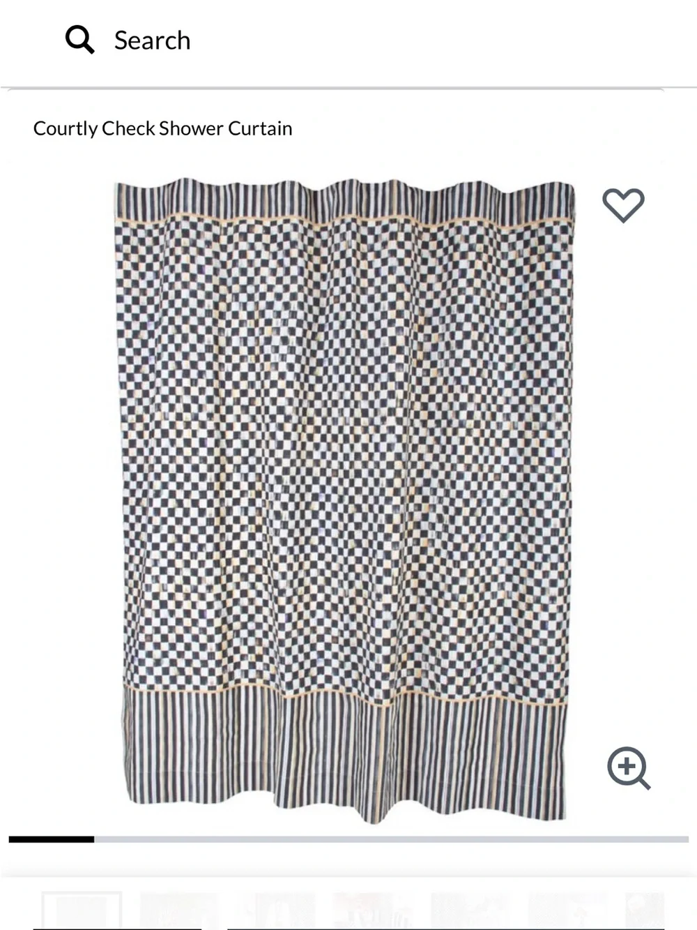Nwt MacKenzie-Childs Courtly Check Shower Curtain in Black, White & Gold $200